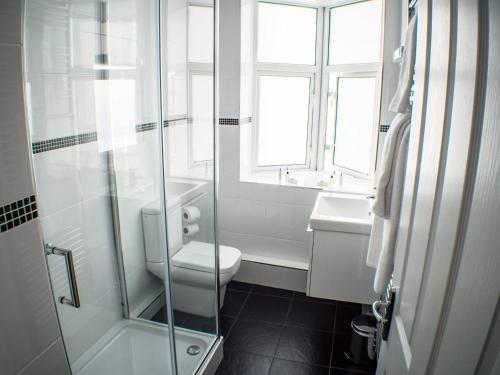 道格拉斯梅勒塞德酒店的一间带卫生间和玻璃淋浴间的浴室