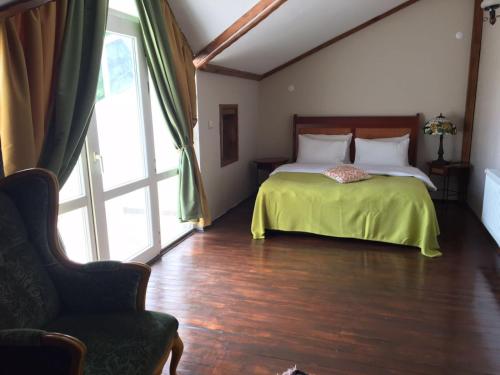 萨潘贾Villa SD Sapanca的一间卧室配有一张带绿毯的床和一把椅子
