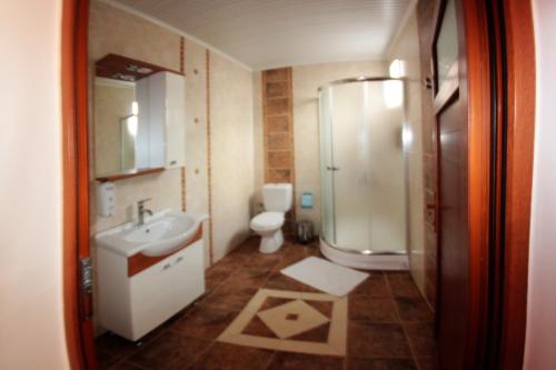 塞尔丘克布莫朗宾馆的一间带水槽、卫生间和淋浴的浴室