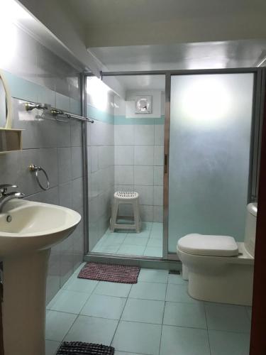 杜马格特Casa Arrieta Hostel的带淋浴、卫生间和盥洗盆的浴室