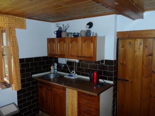 StrunkovStylová chalupa na kraji národního parku Šumava的厨房设有水槽,墙上铺有黑色瓷砖。