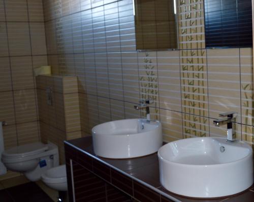 NemesbükkBalatonview - villa Myriam的一间带两个盥洗盆和卫生间的浴室