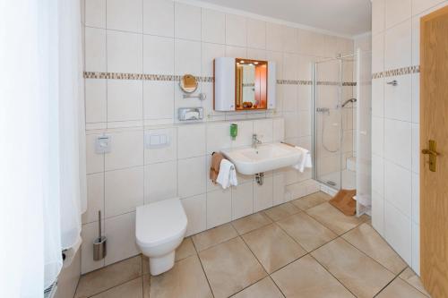 巴特拉尔Bio-Hotel Melter的浴室配有卫生间、盥洗盆和淋浴。
