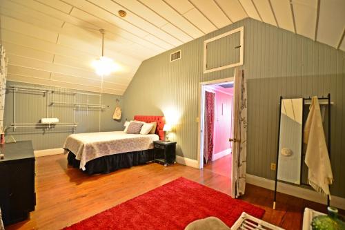 克里斯琴斯特德Historic Apartment in the Heart of Christiansted的一间卧室配有一张床和红色地毯