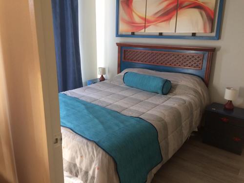 圣地亚哥Apartamentos Armando的一间卧室配有一张带蓝色枕头的床