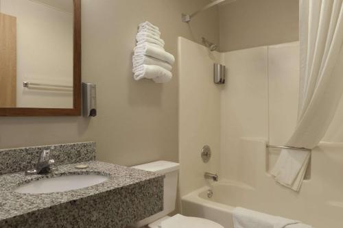 桥景镇布里奇维尤/芝加哥地区速8酒店的一间带水槽、卫生间和淋浴的浴室