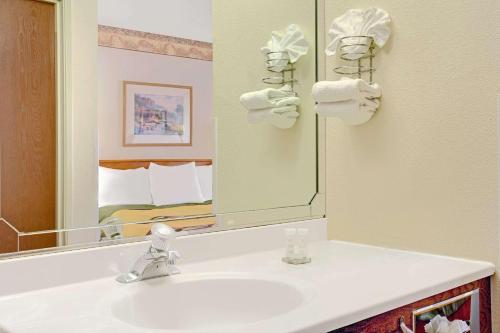 盐湖城Royal Inn Airport Salt Lake City的一间带水槽和镜子的浴室