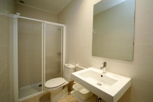 普拉加德阿罗Apartaments Les Roques的浴室配有卫生间、盥洗盆和淋浴。