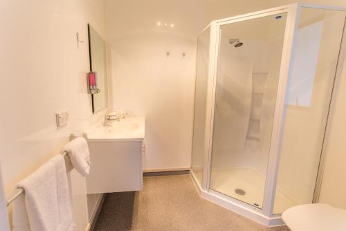 纳尔逊尼尔森市十大假日公园的带淋浴和盥洗盆的白色浴室