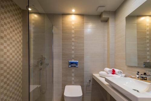 塞沃塔阿巴图斯酒店的带淋浴、卫生间和盥洗盆的浴室
