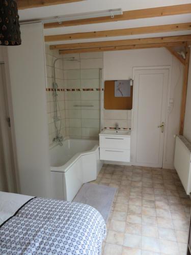 阿姆博斯Gîte La Pierre Qui Tourne的一间卧室配有一张床、一个浴缸和一个水槽