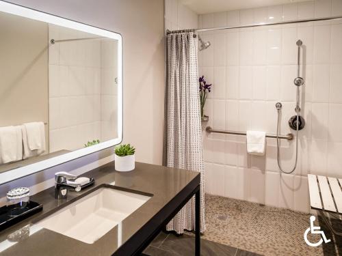 波特兰Heathman Hotel的一间带水槽和淋浴的浴室