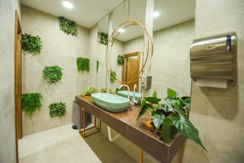 波德戈里察Hotel Union的浴室设有水槽、镜子和植物