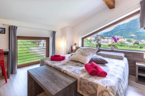 PiatedaB&B Valtellina Mon Amour的一间卧室配有一张带红色枕头的床和大窗户