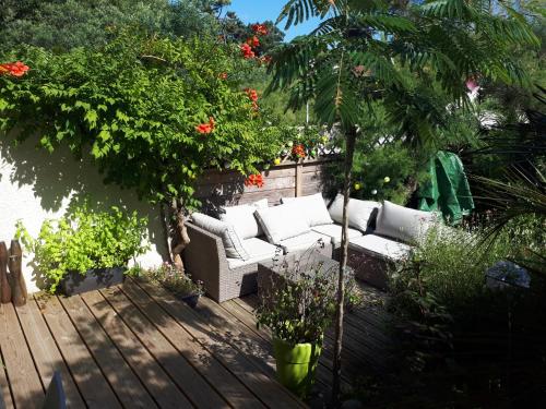 塞尼奥斯La Patio Butia的庭院设有白色沙发,种植了植物