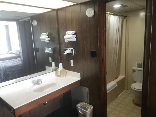 柯克斯维尔乡村汽车旅馆的一间带水槽、卫生间和镜子的浴室