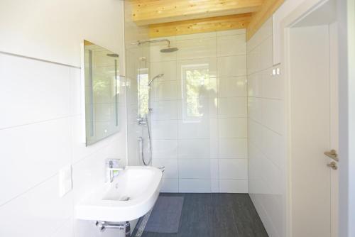 上柯尼希山麓米尔巴赫Ferienwohnungen Unterleegut的白色的浴室设有水槽和淋浴。