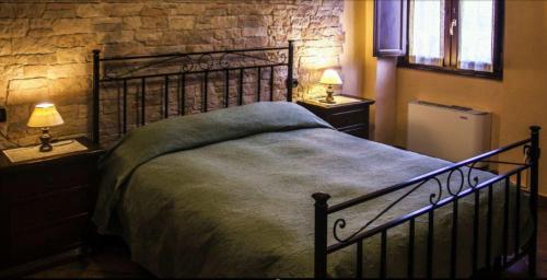 BorghettoAgriturismo Rio Coverino的一间卧室配有一张床和两个带灯的床头柜