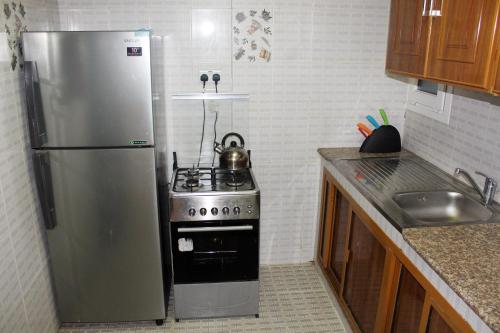 塞拉莱奥诺瑞福尼斯公寓式酒店的厨房配有不锈钢冰箱和炉灶。