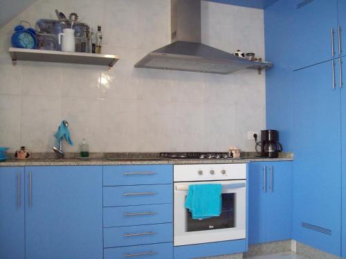 阿罗萨新镇Tu Piso en la Playa的厨房配有蓝色橱柜和白色炉灶烤箱。