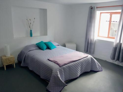 瓦拉斯Casa I Love Huaraz的一间卧室配有一张带蓝色枕头的床和一扇窗户。