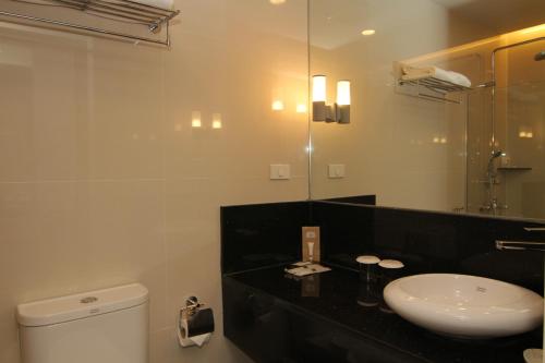 宿务Cebu Hotel Plus的一间带水槽、卫生间和镜子的浴室