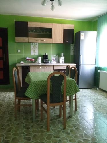 巴亚德菲耶尔Pensiunea Magura的厨房配有桌椅和冰箱。