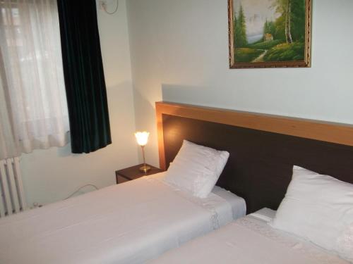 斯科普里斯利亚别墅酒店的两张位于酒店客房的床,墙上挂着照片