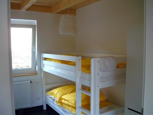 阿尔布斯塔特Bungalows am Sonnencamping Albstadt - oberhalb Badkap的带窗户的客房内的两张双层床