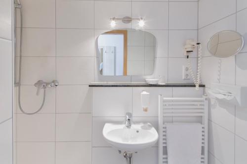弗莱堡茵维特洛文弗赖堡酒店的白色的浴室设有水槽和镜子