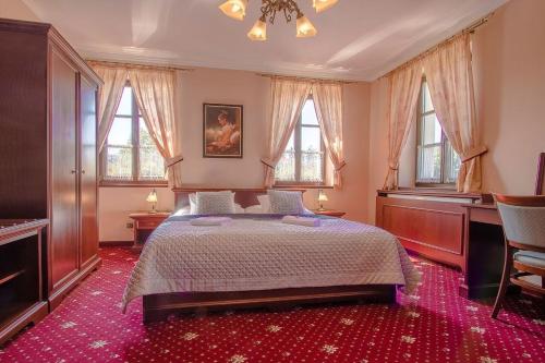 布赫洛维采巴克罗维斯酒店的一间设有床铺的卧室,位于带窗户的房间内
