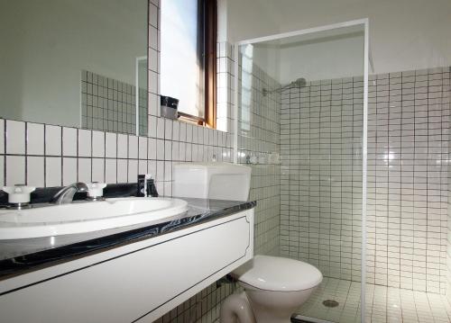 奥尔伯里西顿艾瑞斯汽车旅馆的一间带水槽、卫生间和镜子的浴室