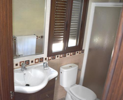 伊斯纳哈尔Iznájar Suites的一间带水槽、卫生间和镜子的浴室