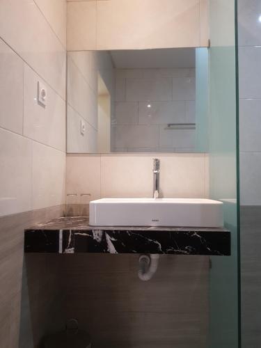 库塔Praba Guesthouse的一间带水槽和镜子的浴室