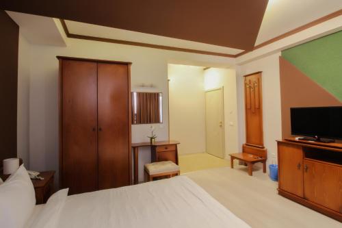 奥赫里德阿勒克桑德丽亚酒店的一间卧室配有一张床和一台平面电视
