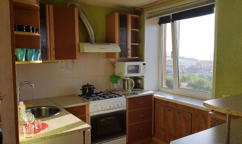 摩尔曼斯克北极光公寓的厨房配有炉灶、水槽和窗户。