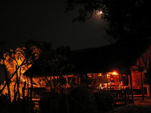 卡蒂马穆利洛Caprivi Houseboat Safari Lodge的月亮餐厅夜间景色