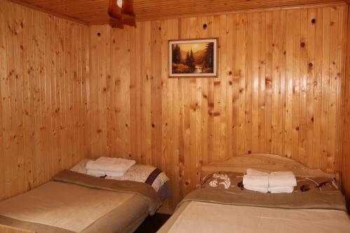 米库利钦Cottage Milena的木墙客房的两张床