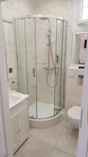 圣拉斐尔123 Sadi Carnot, classé 2 étoiles的带淋浴、盥洗盆和卫生间的浴室
