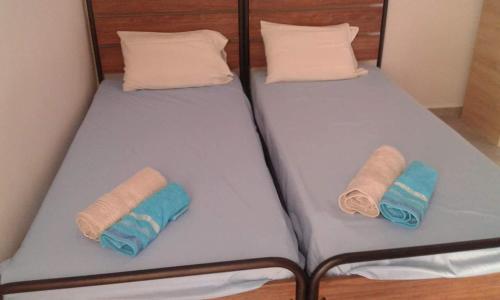 尼亚米卡尼奥纳Samakovlis Apartments的两张单人床、毛巾和枕头