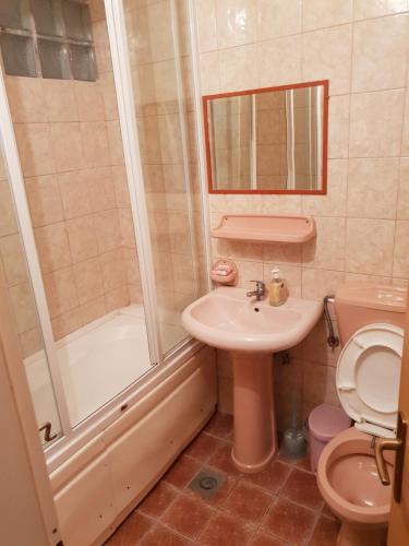 萨拉热窝刚左酒店的浴室配有卫生间、盥洗盆和淋浴。