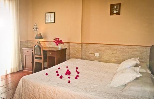 洛斯雷亚莱霍斯Casa Buganvilla的一间卧室,床上铺有红色玫瑰花瓣