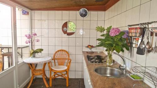 洛斯雷亚莱霍斯Casa Buganvilla的厨房配有水槽和桌椅
