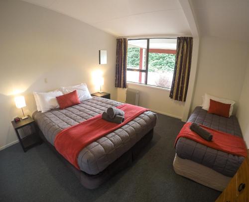 瓦纳卡阿斯帕林山假日公园的酒店客房设有两张床和窗户。