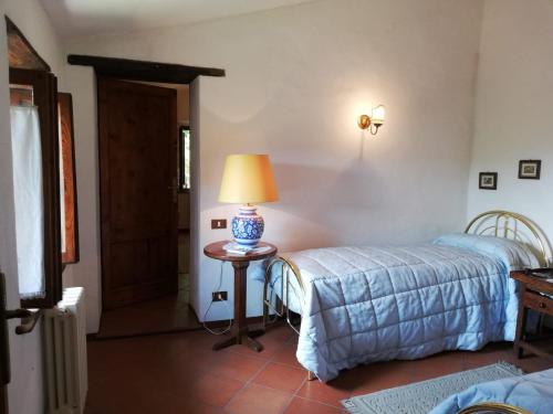 卡索莱德尔萨IL Fienile nella Roccia的一间卧室配有一张床和一张桌子上的台灯