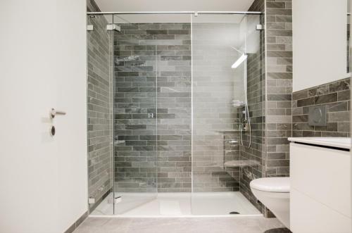因特拉肯Apartment JungfrauCenter Schynige Platte - GriwaRent AG的浴室设有玻璃淋浴间和卫生间