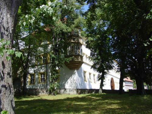 BehringenSchlosshotel am Hainich的前面有树木的白色大建筑