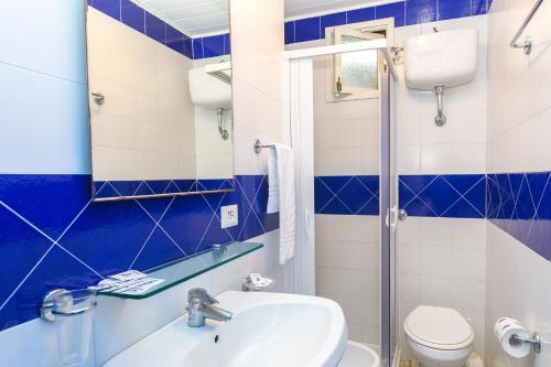 梅塔布鲁村酒店的蓝色和白色的浴室设有水槽和卫生间