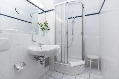 诺德施泰特奥勒霍夫酒店的白色的浴室设有水槽和淋浴。
