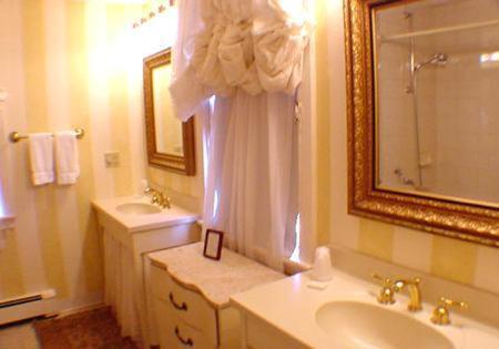 纽波特克拉克斯顿旅馆的一间带水槽、淋浴和镜子的浴室